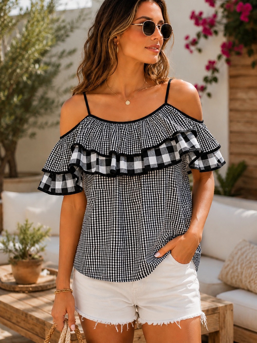 NWOT PARKER Black White Gingham Check Off Shoulder Top Ruffle Sleeve Coquette S